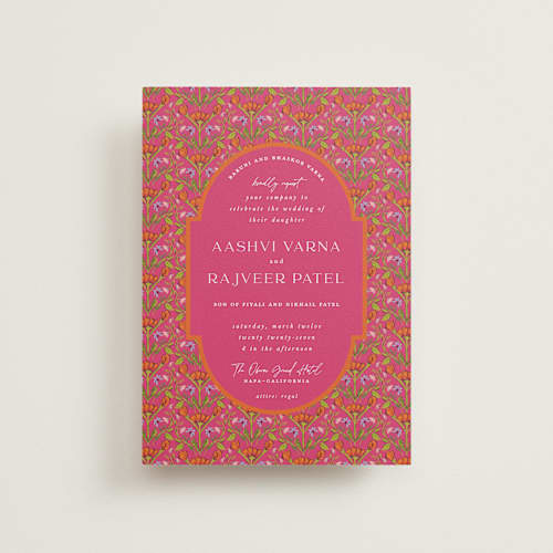 This is a fuchsia petite wedding invitations with standard by Pati Cascino called varna printing on signature in petite