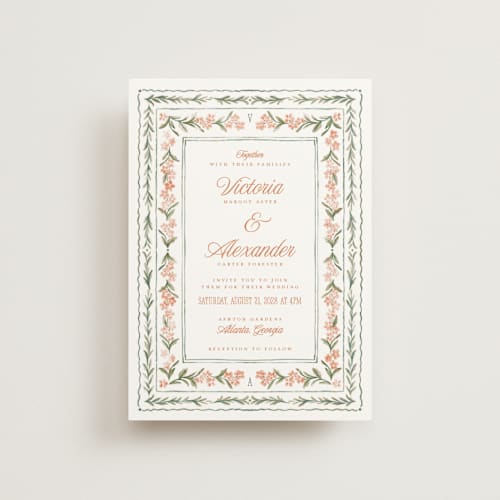 This is a persimmon petite wedding invitations with standard by Jenna Holcomb called vintage sketched printing on signature in petite