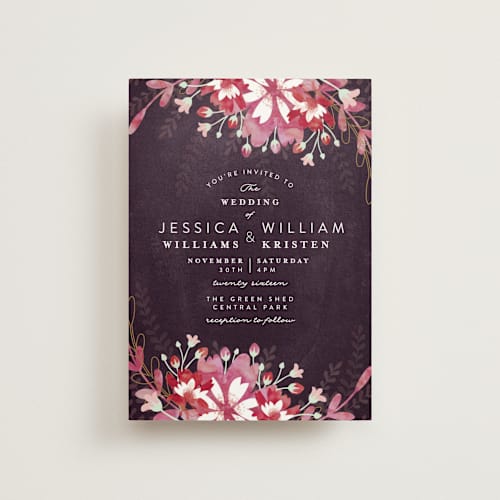 This is a deep plum petite wedding invitations with standard by Phrosné Barwood called enchanting plum printing on signature in petite