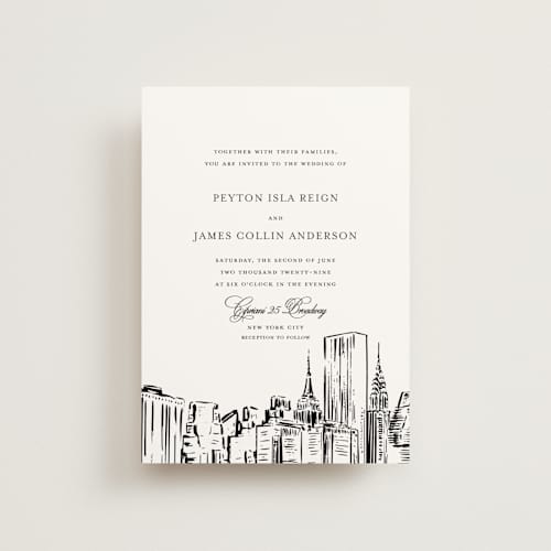 This is a noir petite wedding invitations with standard by Melinda Denison called new york skyline printing on signature in petite