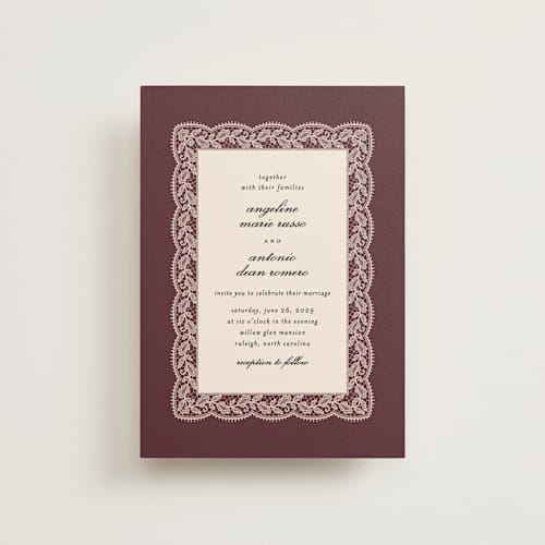 This is a burgundy petite wedding invitations with standard by Erica Krystek called chantilly printing on signature in petite