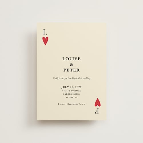 This is a champagne petite wedding invitations with standard by Helena Vitto called red hearts printing on signature in petite