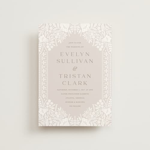 This is a cream petite wedding invitations with standard by Kristen Smith called lace trim printing on signature in petite