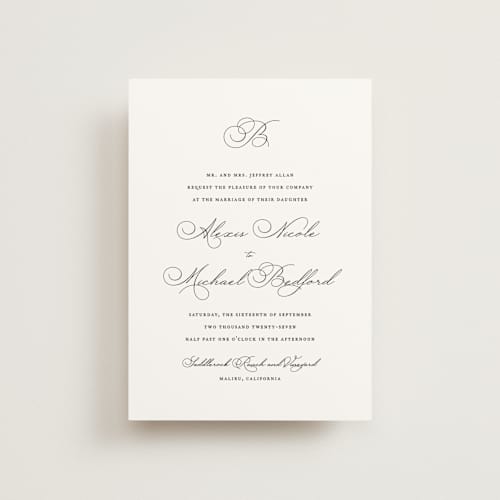 This is a pearl petite wedding invitations with standard by Jennifer Postorino called initial printing on signature in petite