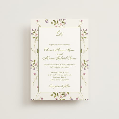 This is a cream petite wedding invitations with standard by Nicole Dragomir called wild berry watercolor printing on signature in petite