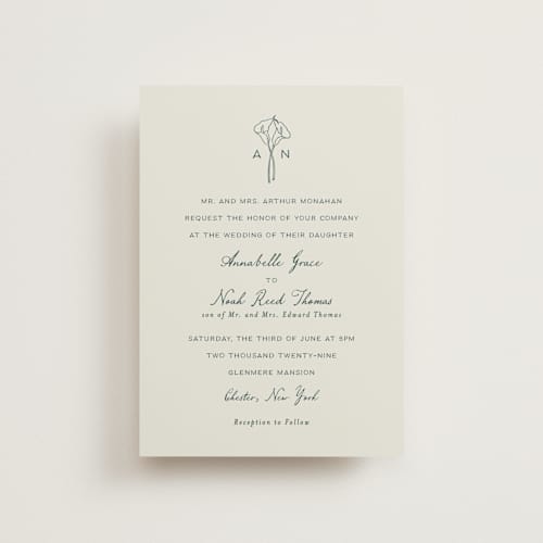 This is a sage petite wedding invitations with standard by Leah Bisch called pair of calla lilies printing on signature in petite