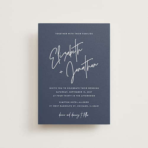 This is a navy petite wedding invitations with standard by JoAnn Jinks called marked printing on signature in petite