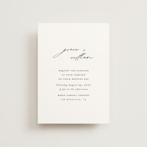This is a cotton petite wedding invitations with standard by Angela Thompson called delicate script printing on signature in petite