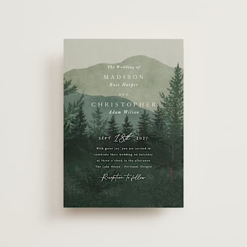 This is a jade petite wedding invitations with standard by Elly called the forest printing on signature in petite