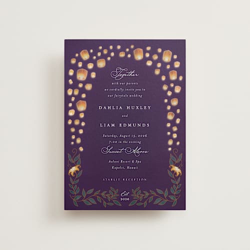 This is a twilight petite wedding invitations with standard by Simona Camp called disney's tangled lanterns printing on signature in petite