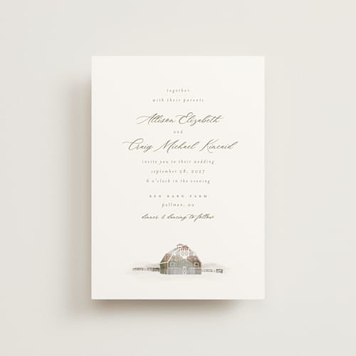 This is a fawn petite wedding invitations with standard by AK Graphics called rustic barn printing on signature in petite
