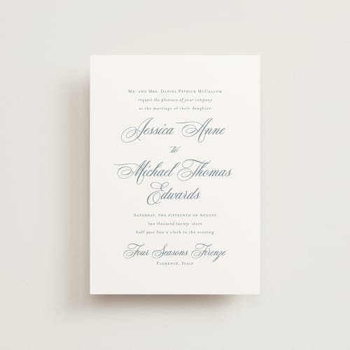 This is a dusty blue petite wedding invitations with standard by Jennifer Postorino called empire printing on signature in petite