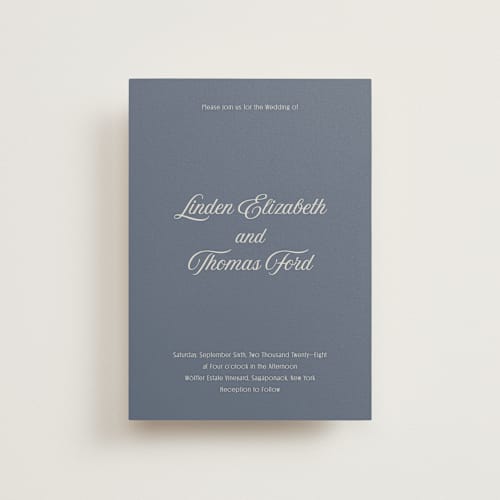 This is a french blue petite wedding invitations with standard by Nicoletta Savod called ritzy printing on signature in petite
