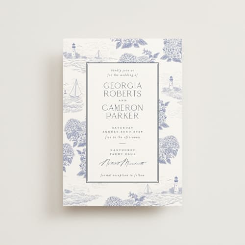 This is a periwinkle petite wedding invitations with standard by Jenna Holcomb called coastal toile printing on signature in petite