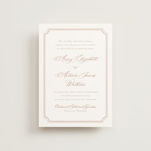 This is a dusty pink petite wedding invitations with standard by Jennifer Postorino called avery printing on signature in petite