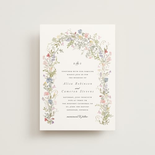 This is a sage petite wedding invitations with standard by Lori Wemple called flowering arch printing on signature in petite