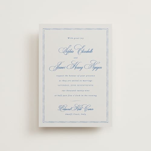 This is a blue mist petite wedding invitations with standard by Design Lotus called amalfi blue printing on signature in petite