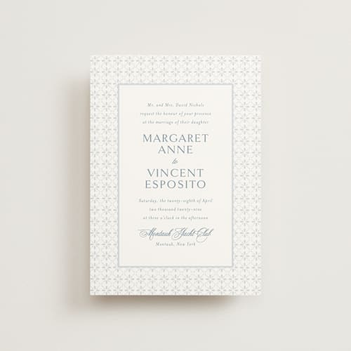 This is a dusty blue petite wedding invitations with standard by Jennifer Postorino called coastal charm printing on signature in petite
