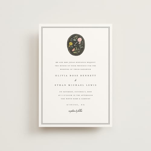This is a swan petite wedding invitations with standard by Lori Wemple called botanical cameo printing on signature in petite