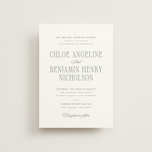 This is a moss petite wedding invitations with standard by Kelly Schmidt called woods printing on signature in petite