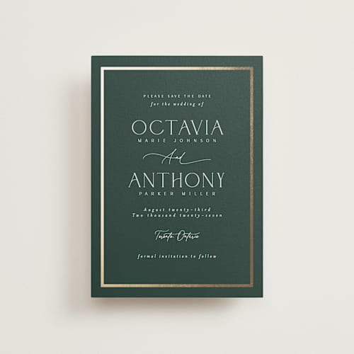 This is a evergreen petite save the dates with foil pressed by Nicole Walsh called regal printing on signature in petite