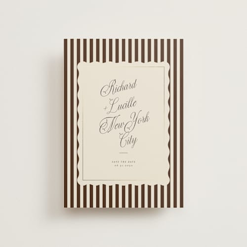 This is a chocolate petite save the dates with foil pressed by Baumbirdy called stripe frame printing on signature in petite