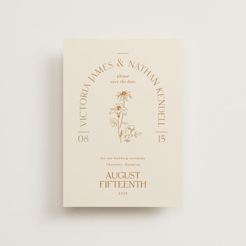 This is a cream petite save the dates with standard by Baumbirdy called floral type arch printing on signature in petite