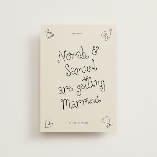 This is a ink petite save the dates with standard by Kelly Watkins called hand-drawn hearts printing on signature in petite