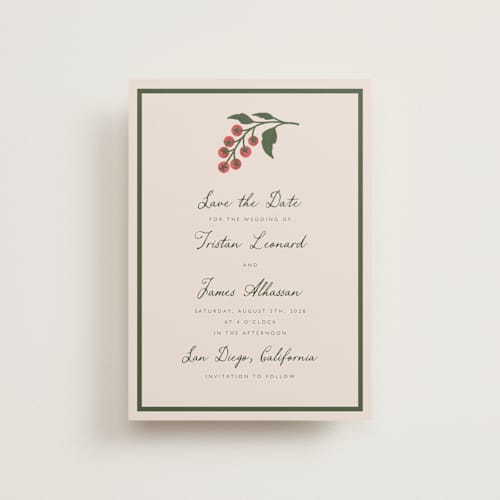 This is a sand petite save the dates with standard by Katharine Watson called tomato vine printing on signature in petite