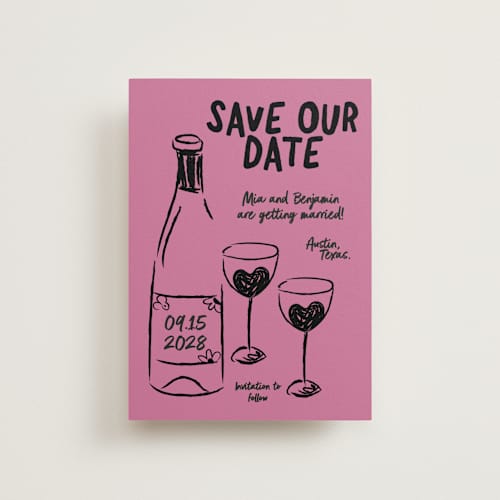 This is a pretty in pink petite save the dates with standard by Helena Vitto called heart of glass printing on signature in petite