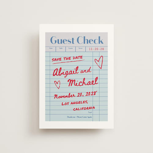 This is a mint petite save the dates with standard by Jennifer Lew called guest check printing on signature in petite
