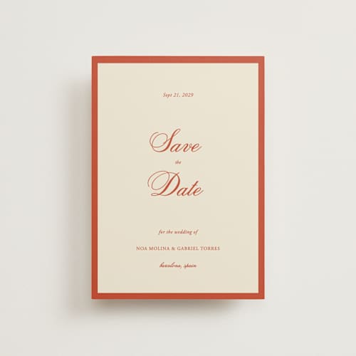This is a cherry petite save the dates with standard by Ani Somi called borders printing on signature in petite