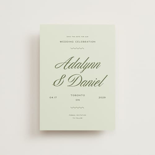 This is a lemongrass petite save the dates with standard by Sam Dubeau called swoon printing on signature in petite