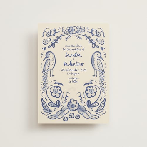 This is a marseille blue petite save the dates with standard by Ani Somi called santa catalina printing on signature in petite
