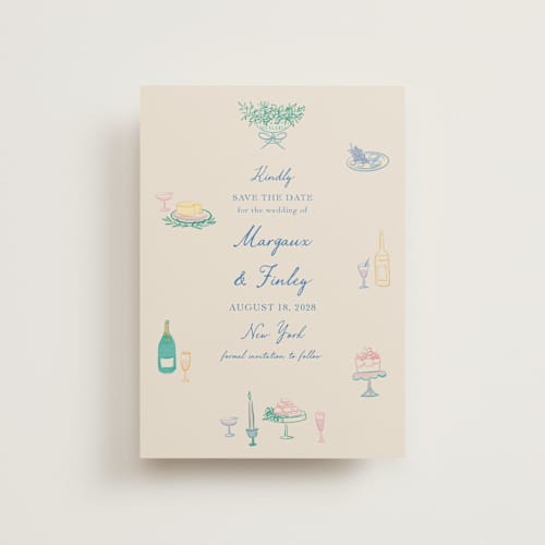 This is a pastel petite save the dates with standard by Elly called dining printing on signature in petite