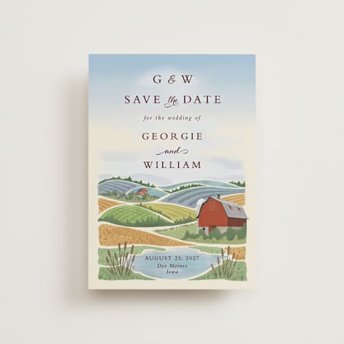 This is a sky blue petite save the dates with standard by Paper Sun Studio called farm and field printing on signature in petite