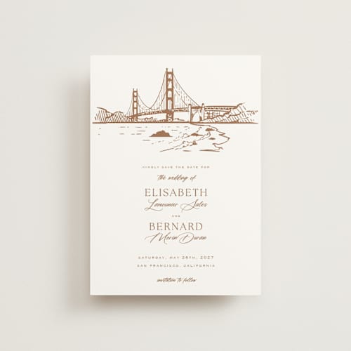 This is a champagne petite save the dates with standard by Sherley Ferreira called san francisco printing on signature in petite