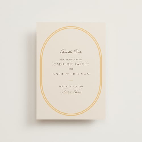This is a melon petite save the dates with standard by Megan Davis called bocce printing on signature in petite