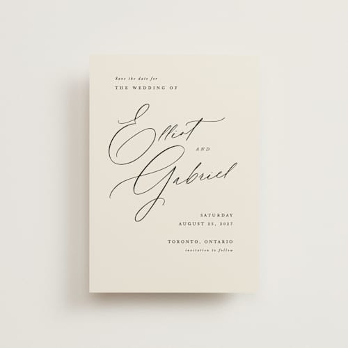 This is a ecru petite save the dates with standard by Hooray Creative called scripted names printing on signature in petite