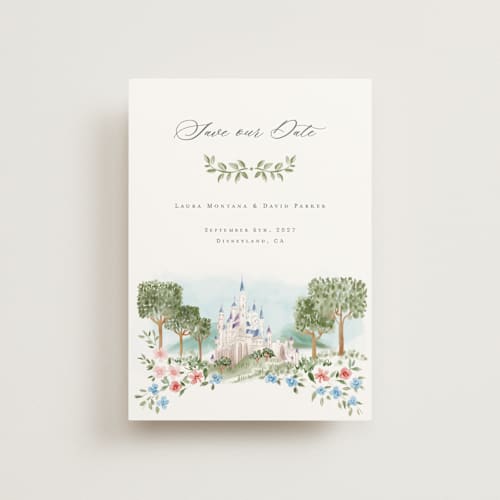 This is a spring petite save the dates with standard by Petra Kern called disney's once upon in a dream printing on signature in petite
