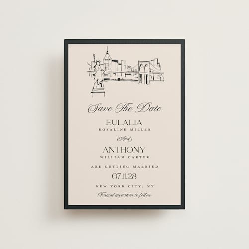 This is a halo petite save the dates with standard by Teju Reval called nyc skyline printing on signature in petite