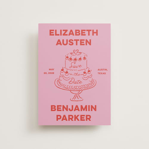 This is a cherry petite save the dates with standard by Helena Vitto called the cake printing on signature in petite