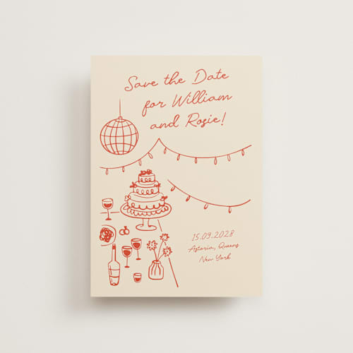 This is a sangria spark petite save the dates with standard by Zove Ahhh called party on! printing on signature in petite