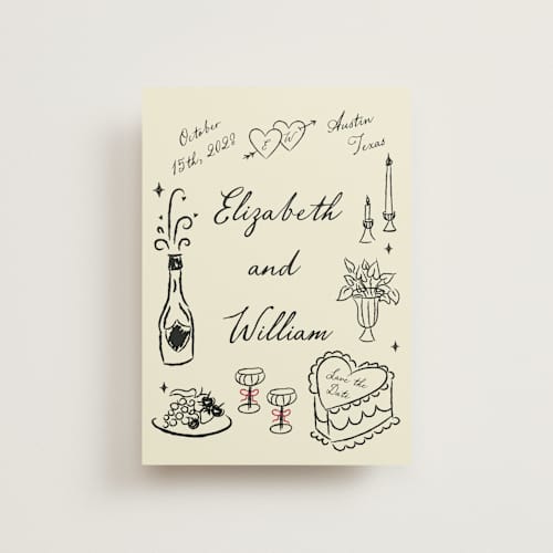 This is a champagne petite save the dates with standard by Helena Vitto called vintage lovers printing on signature in petite