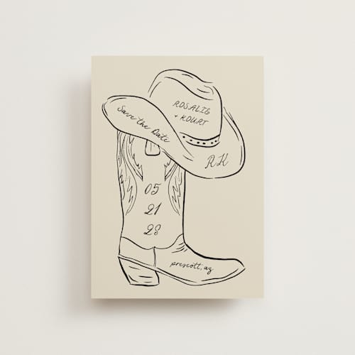 This is a sand petite save the dates with standard by Jelena Vuletic called lariat printing on signature in petite