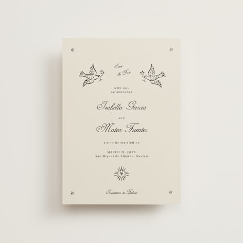 This is a ivory petite save the dates with standard by Ani Somi called milagro printing on signature in petite