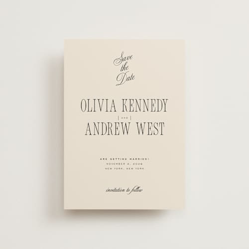 This is a almond petite save the dates with standard by Eric Clegg called modern romance printing on signature in petite