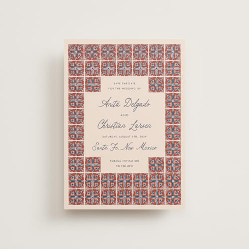 This is a terracotta petite save the dates with standard by Katharine Watson called block print tile printing on signature in petite