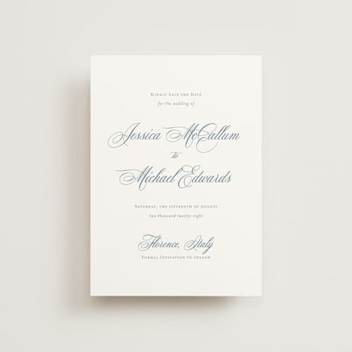 This is a dusty blue petite save the dates with standard by Jennifer Postorino called empire printing on signature in petite