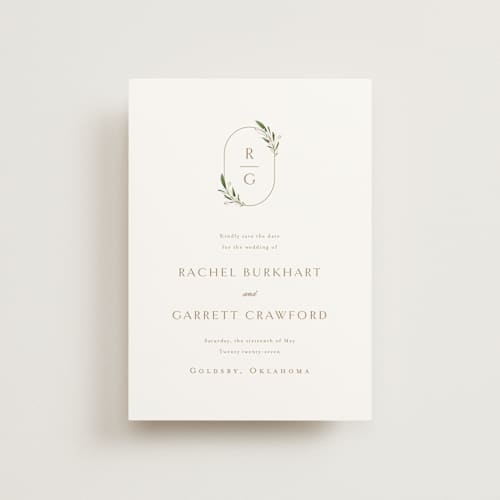 This is a champagne petite save the dates with standard by Jennifer Postorino called soft sprigs printing on signature in petite